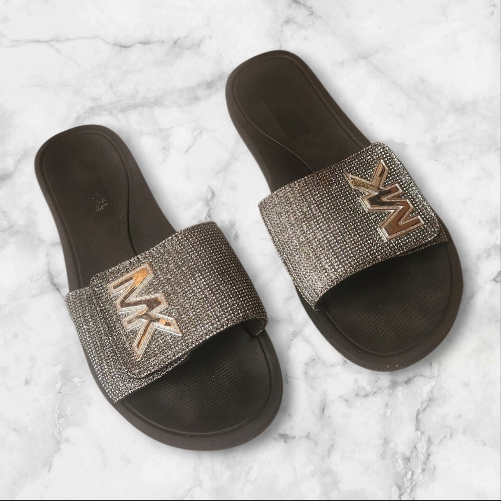 Michael Kors Glittering Black Slide Sandals.